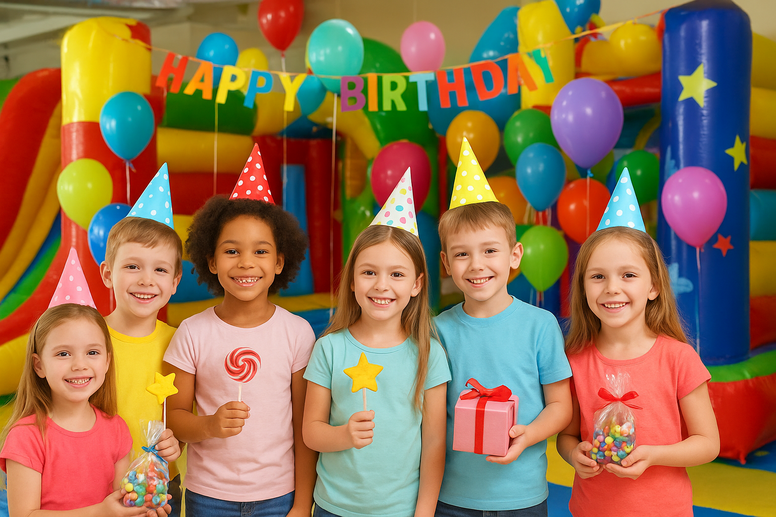 Four children in an inflatable castle. 