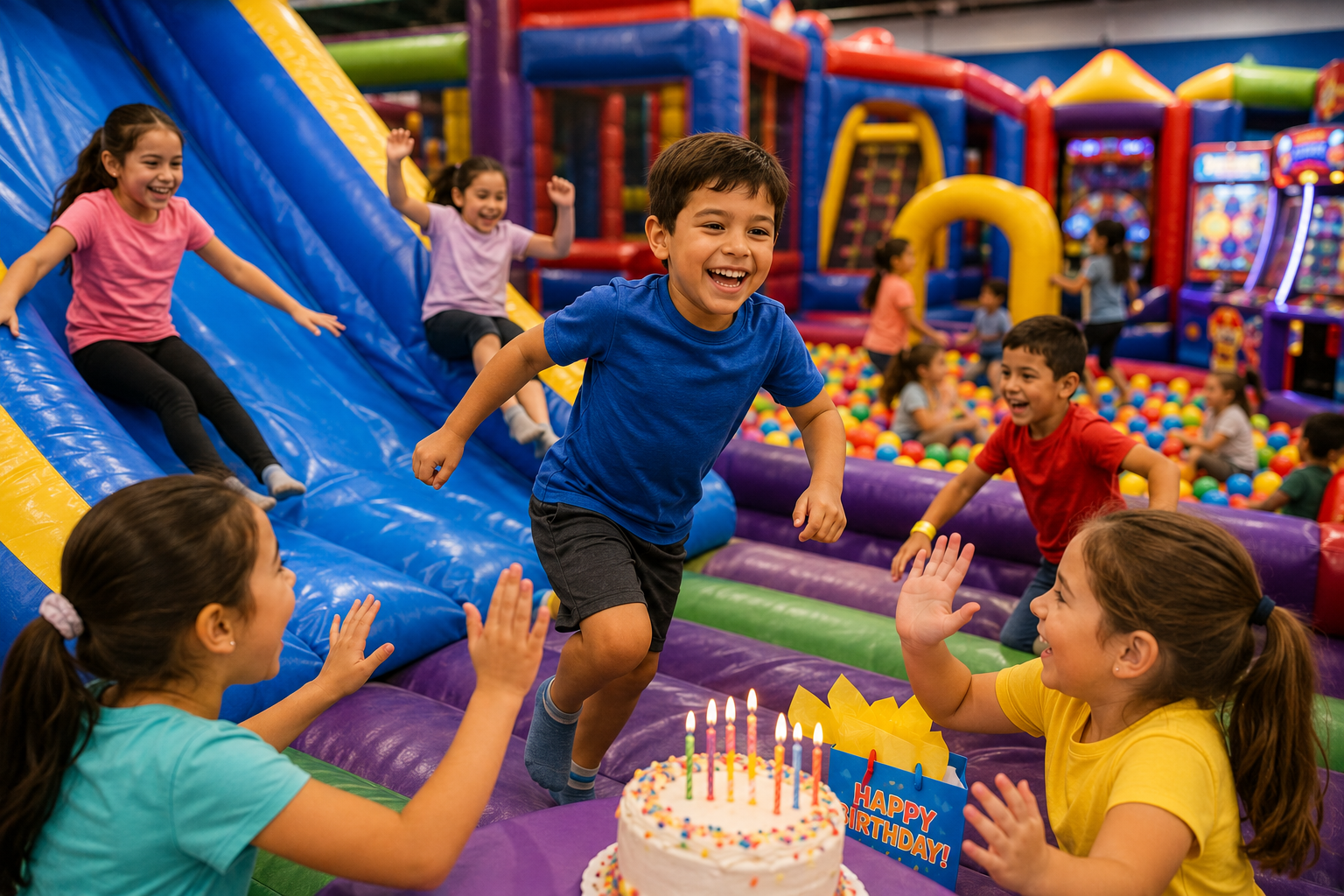 Four children in an inflatable castle. 