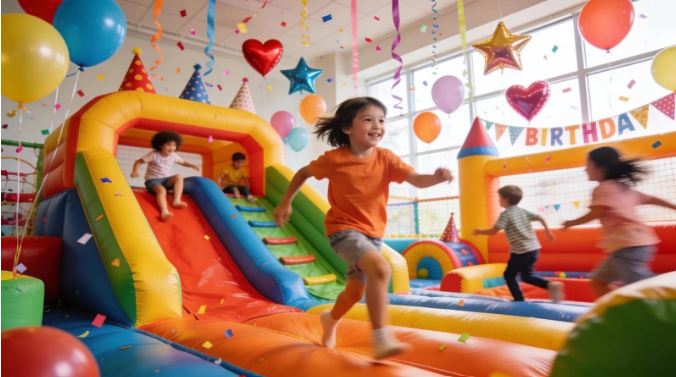Four children in an inflatable castle. Four children in an inflatable castle.