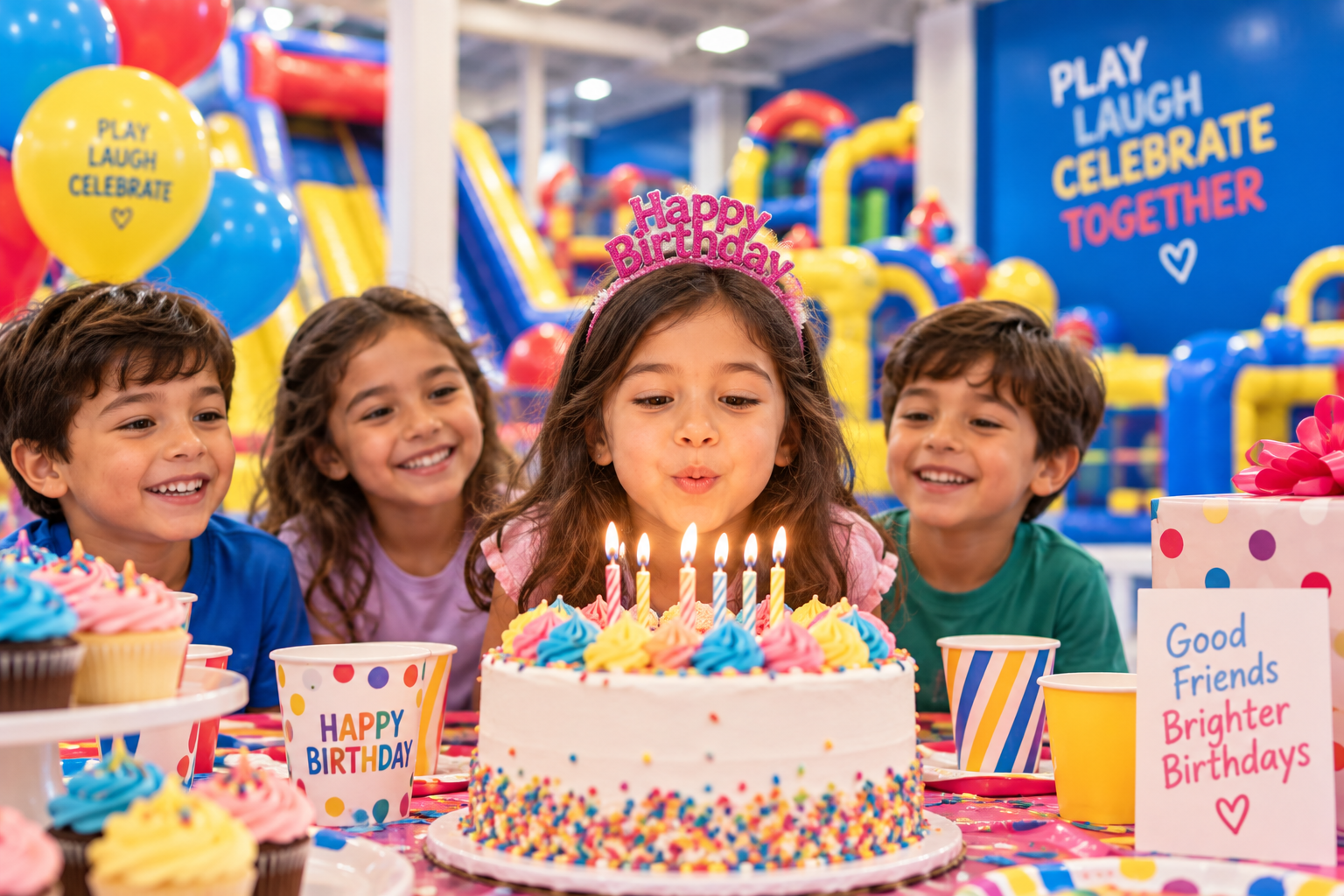 Four children in an inflatable castle. 