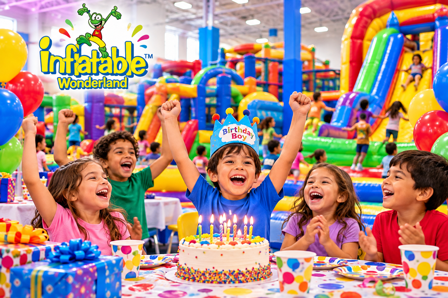 Four children in an inflatable castle. 