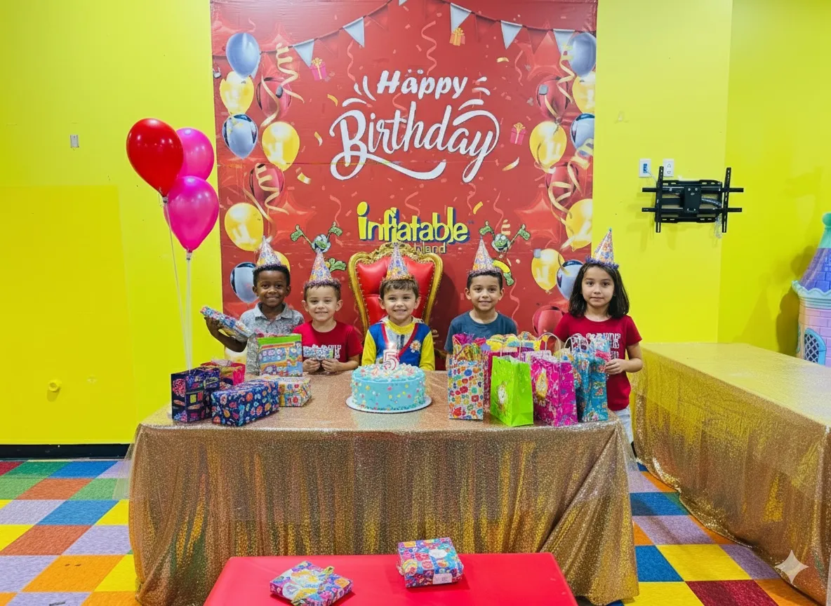 Children celebrating a birthday party at Bounce-Scape, enjoying inflatable attractions and festive decorations
