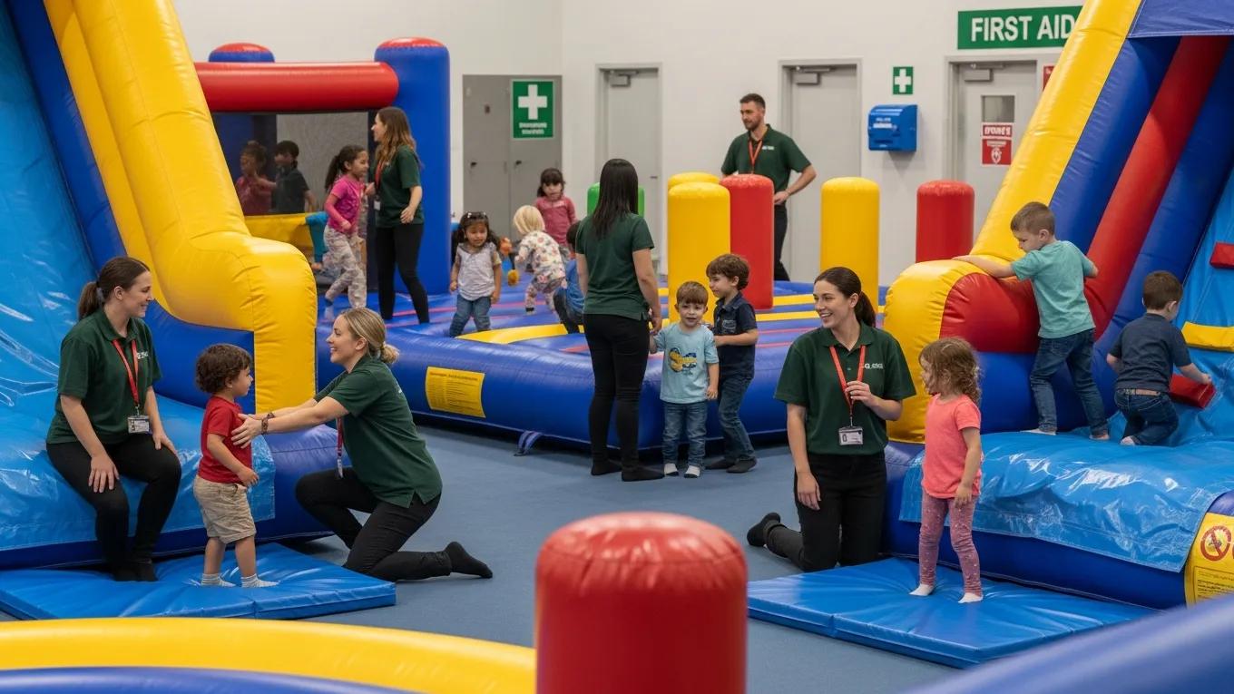 Trained staff supervising children in a safe inflatable playground environment
