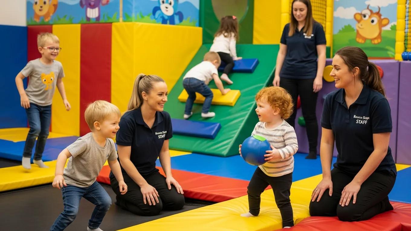 Trained staff supervising children in a safe play area at Bounce-Scape, emphasizing safety features